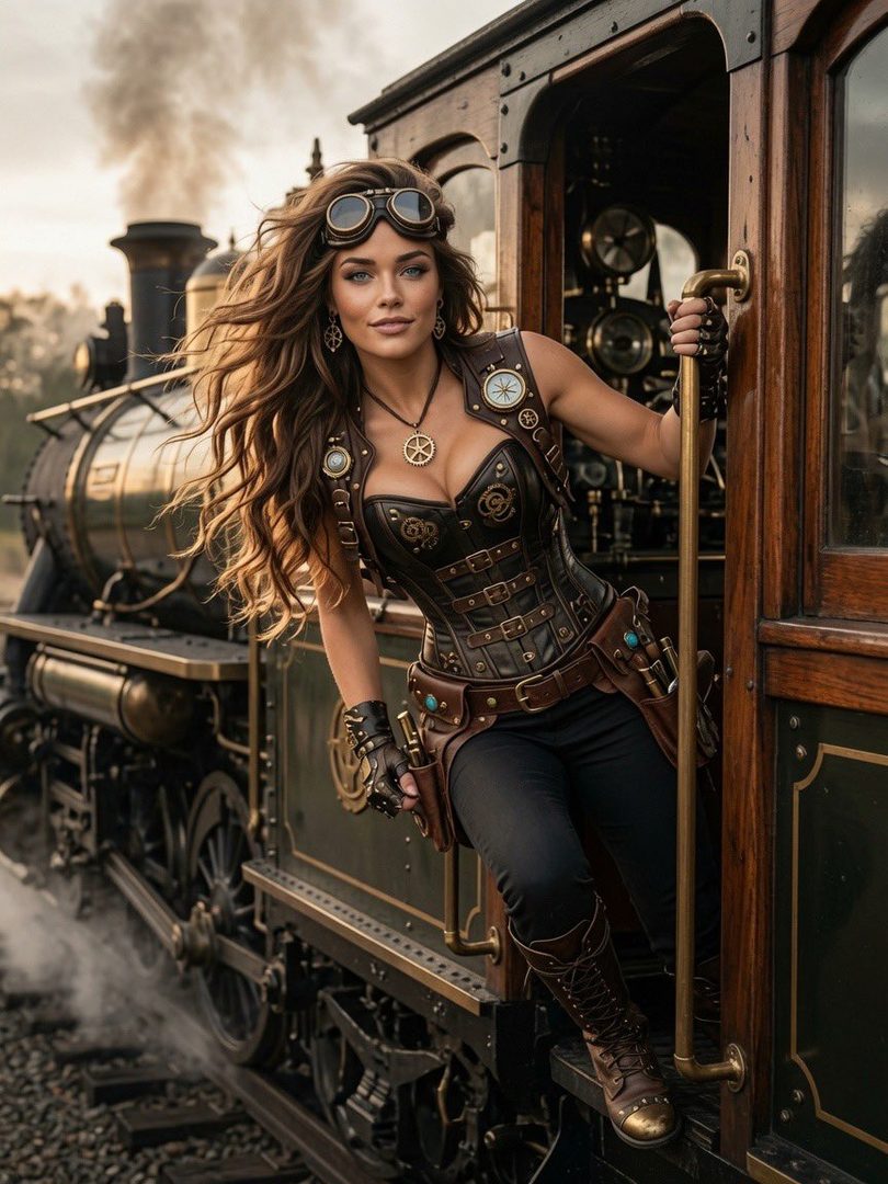 A woman in steampunk attire, wearing a leather corset, goggles, and boots, stands by the open door of a vintage steam train.