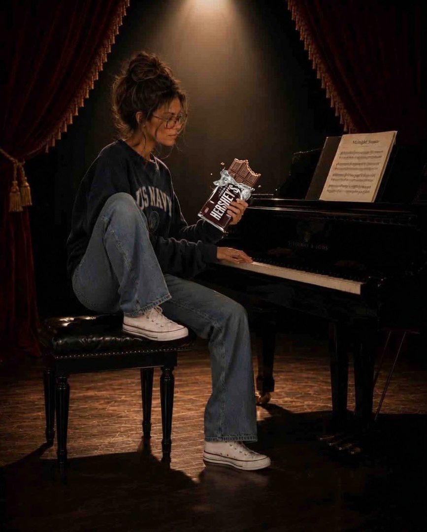 A young woman with her hair in a messy bun, wearing glasses and a navy sweatshirt, sits at a grand piano holding a bar of Hershey's chocolate.