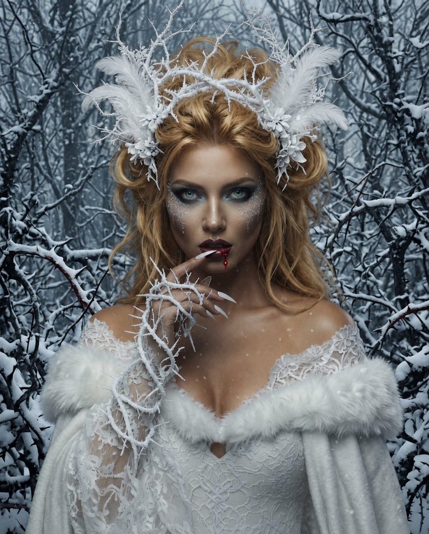 A blonde woman with a white thorny crown and bloody lips poses in a snowy forest.