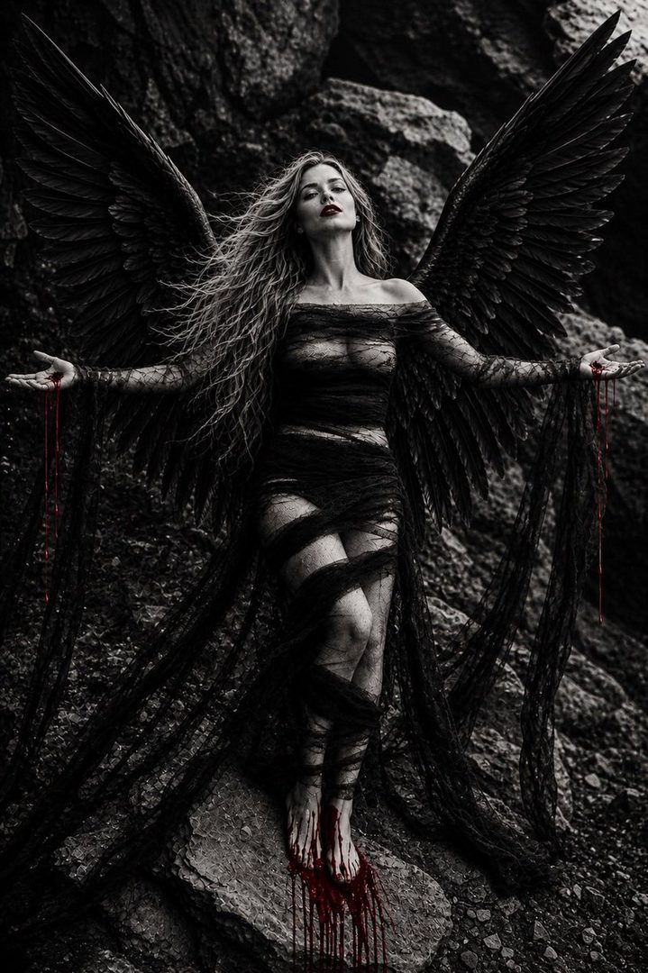 A dark fantasy portrait of a woman with black wings, draped in black fabric, with blood dripping from her hands and feet.