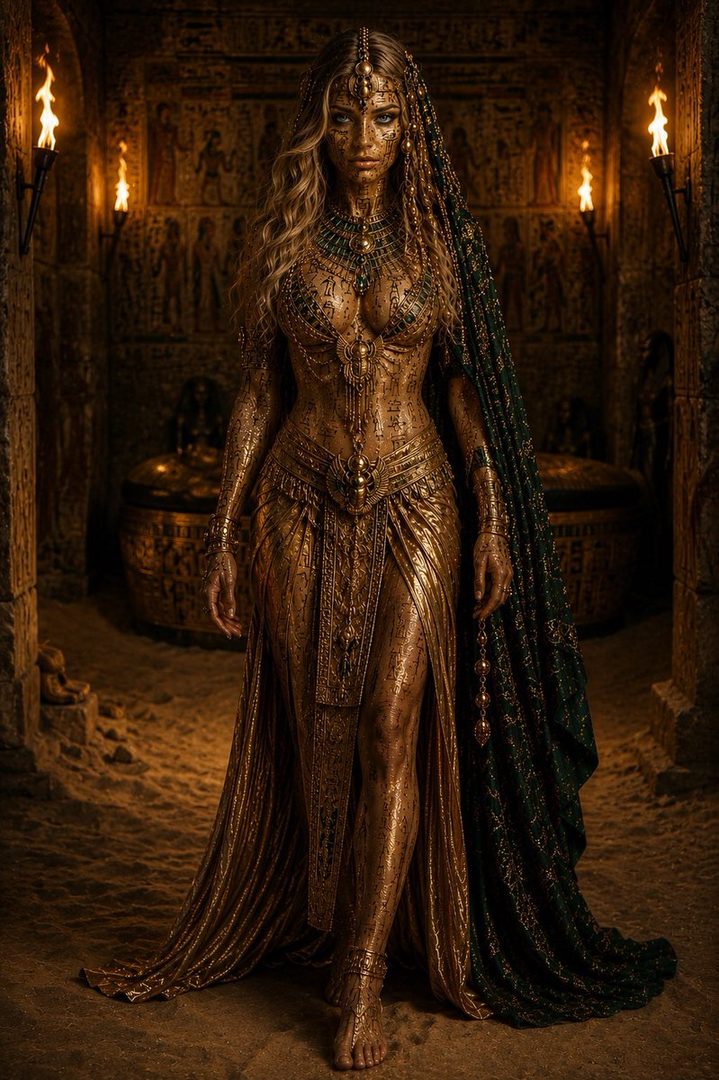 A photorealistic portrait of a woman dressed as an ancient Egyptian queen, adorned in gold body paint and intricate jewelry, standing in a dimly lit tomb.