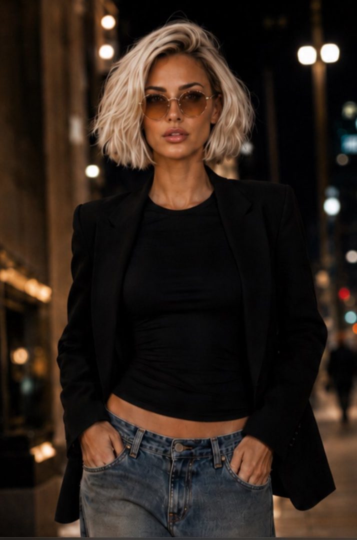 A stylish woman with short blonde hair and sunglasses, wearing a black blazer and jeans, standing on a city street at night.