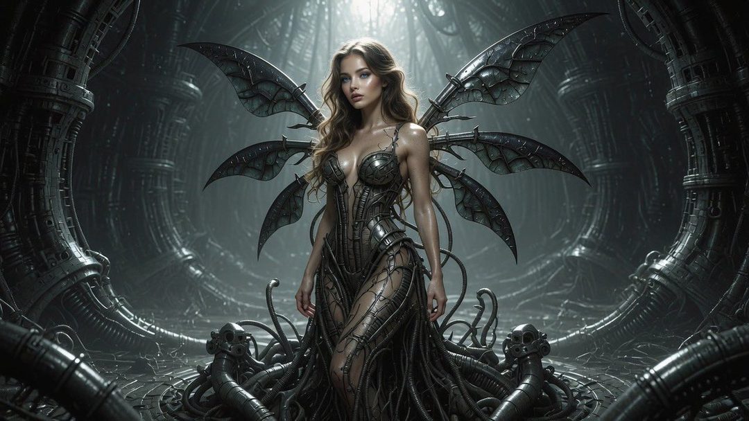 Photorealistic portrait of a biomechanical fairy with metallic wings and intricate armor, standing in a dark, industrial environment.