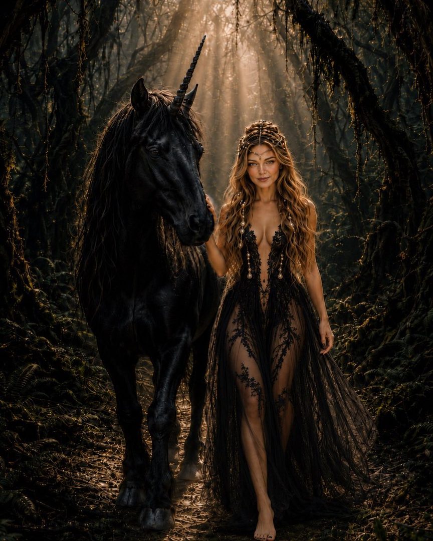 A woman in a sheer black dress stands next to a black unicorn in a mystical forest with sunbeams filtering through the trees.