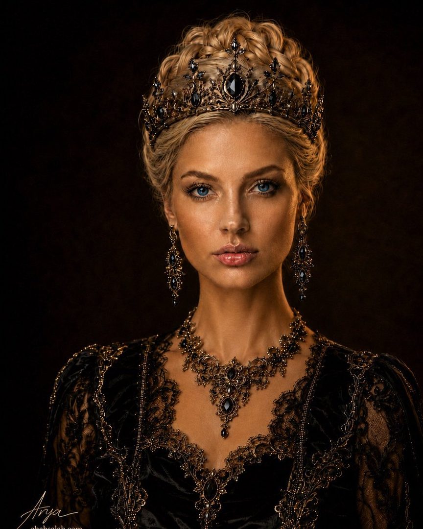A photorealistic portrait of a woman with blonde hair styled in an updo, wearing a black ornate dress and a jeweled crown and earrings, against a dark background.