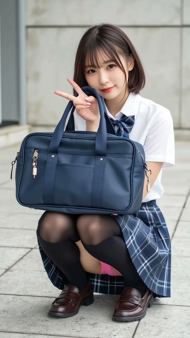 A young Japanese woman in a school uniform, holding a dark blue school bag and posing with a peace sign.