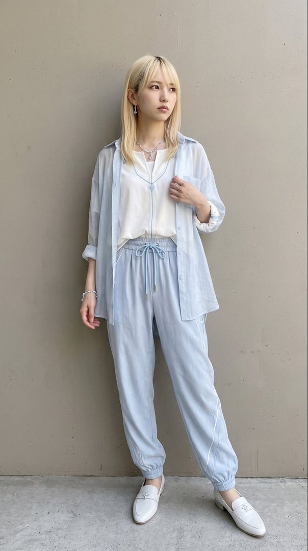 A young woman with blonde hair stands against a neutral wall, wearing a light blue open shirt over a white top and matching light blue pants, with white loafers.
