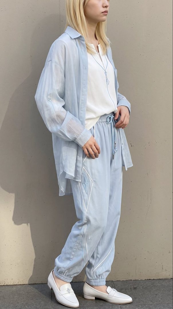 A young woman with blonde hair stands outdoors, wearing a light blue oversized shirt over a white top and matching light blue pants, paired with white loafers.
