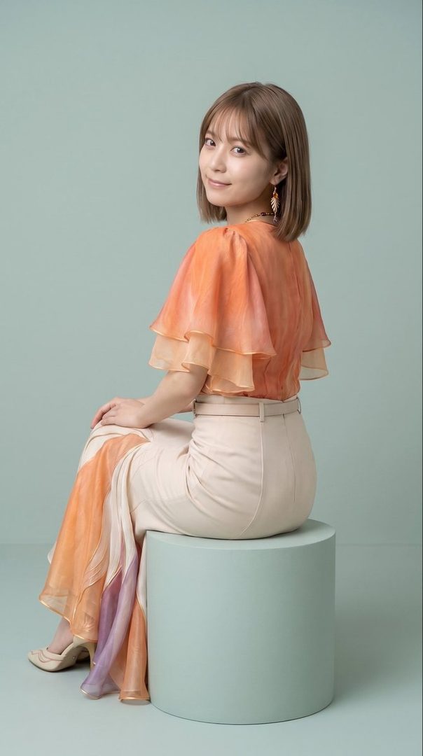 A young woman with short brown hair and bangs, wearing an orange ruffled top and a cream-colored skirt, sits on a light blue stool against a teal background, looking over her shoulder.