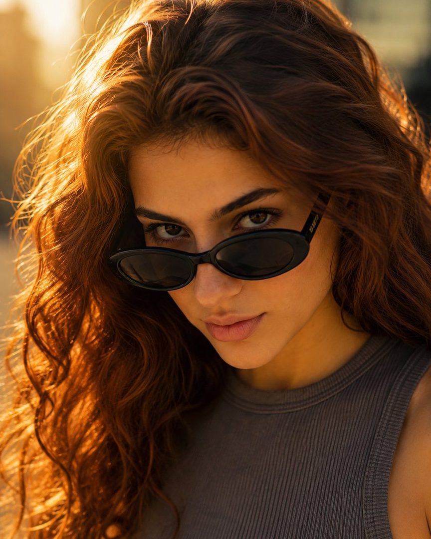A young woman with long, wavy auburn hair and sunglasses looks directly at the camera in warm golden hour sunlight.