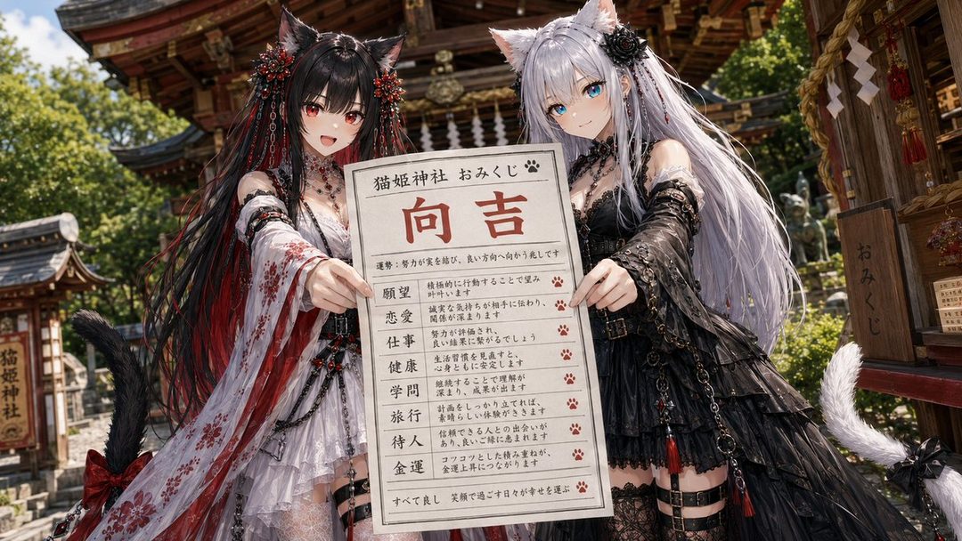 Two cat-girl anime characters, one with black hair and one with white hair, stand in front of a Japanese shrine holding a fortune paper.