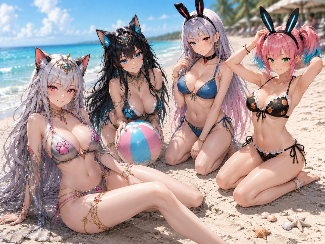 Four anime-style AI-generated women in bikinis posing on a sunny beach with a beach ball.