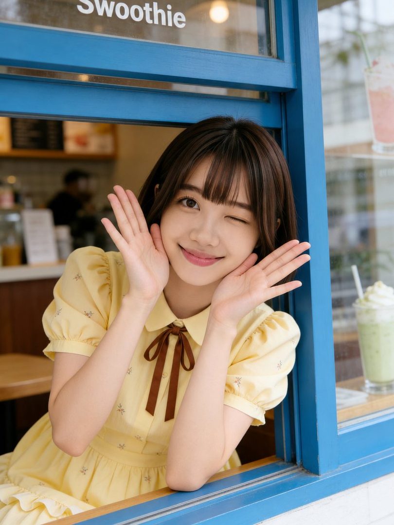 A young woman with brown hair and bangs winks playfully while leaning against a blue window frame at a cafe. She is wearing a yellow dress with a brown ribbon tie and has her hands near her face.