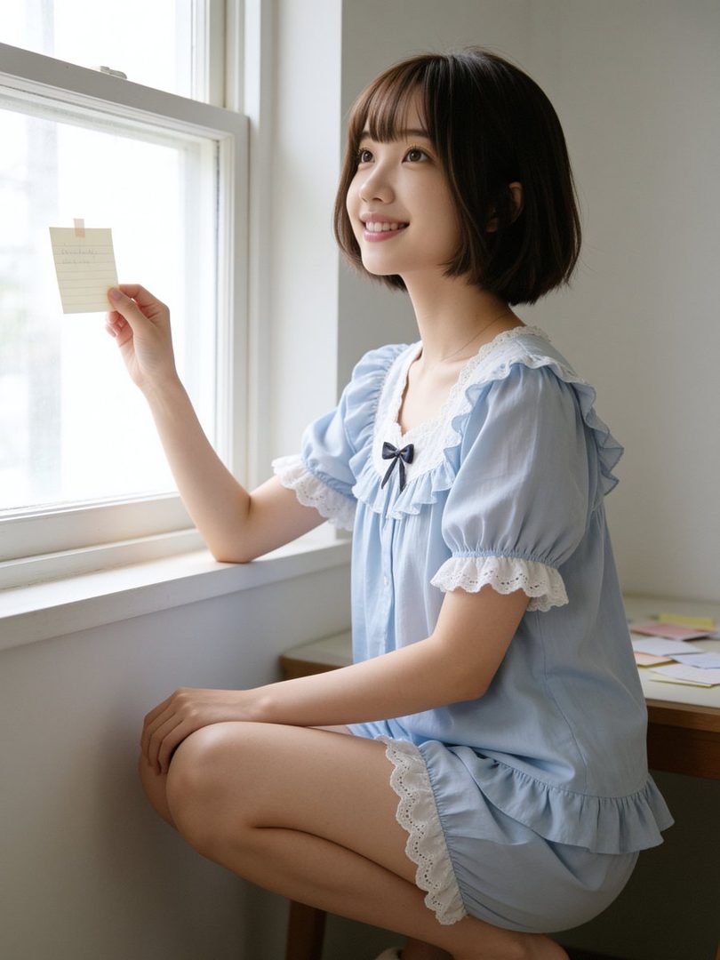 A young Japanese woman with short black hair, wearing a light blue ruffled pajama set, crouches by a window holding a small note.