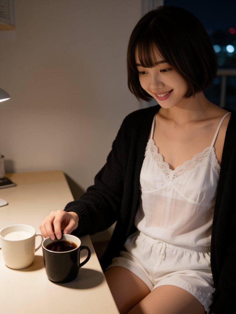 A young East Asian woman with short black hair and bangs, wearing a white camisole and a black cardigan, sits at a desk with two mugs, one black with coffee and one white with milk, at night.