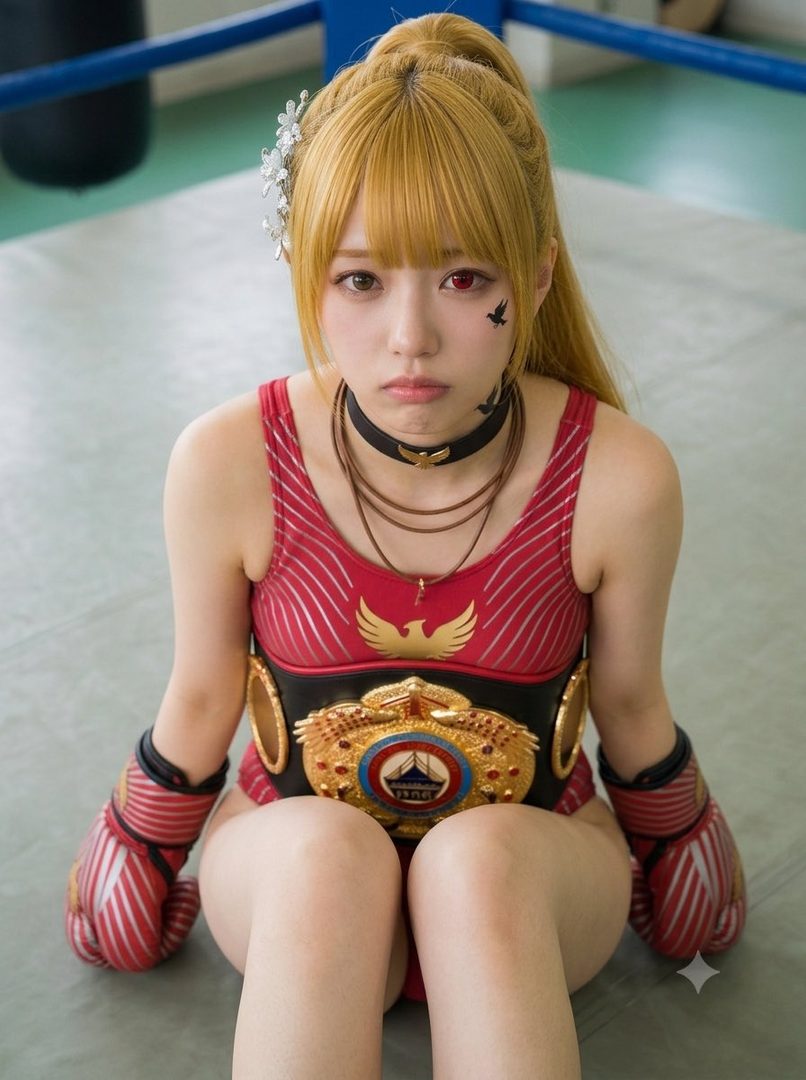 A young woman with blonde hair in a ponytail, wearing a red wrestling swimsuit and boxing gloves, sits in a boxing ring with a championship belt around her waist.