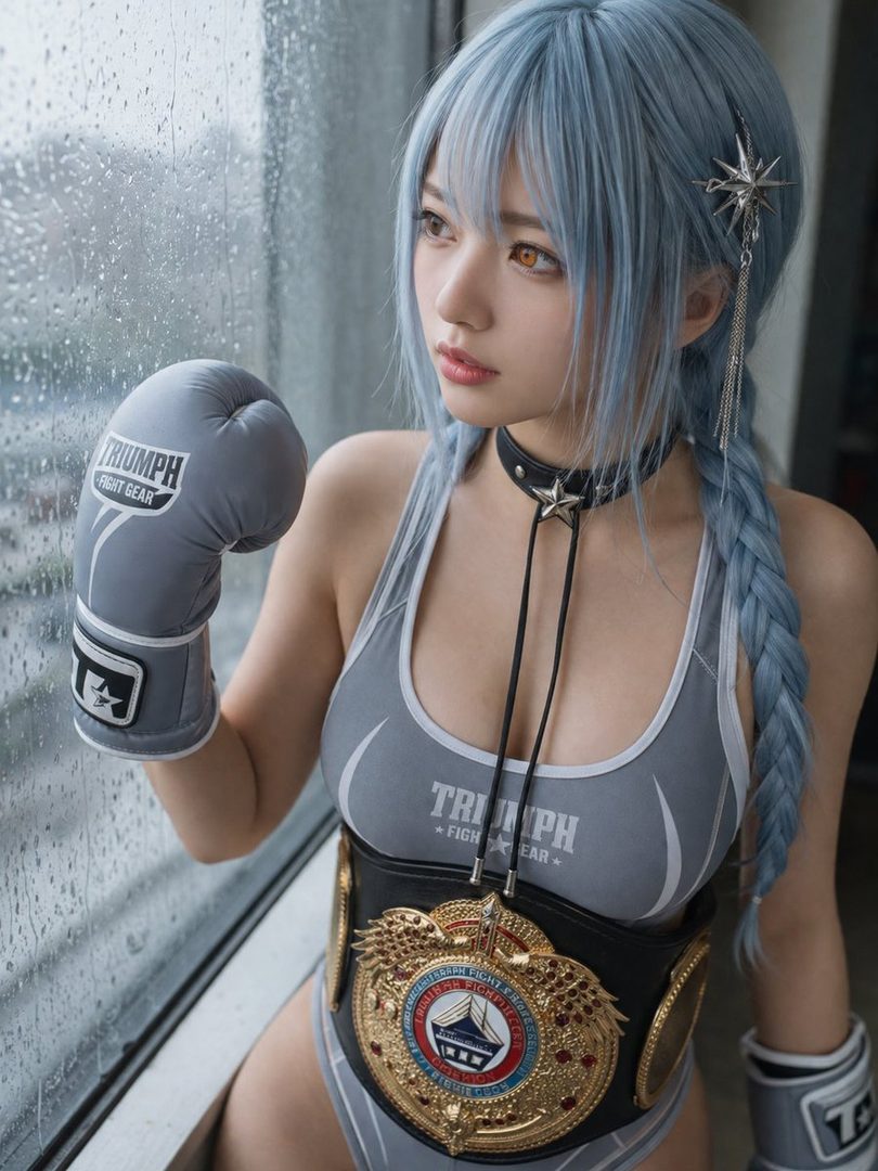 A woman with blue hair and boxing gloves, wearing a championship belt, looks out a rainy window.