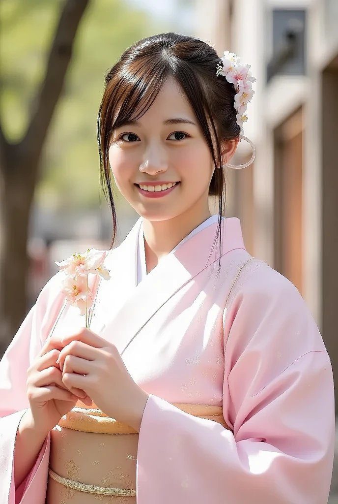 A young Japanese woman in a pink kimono smiles gently, holding a small bouquet of flowers, with a floral hair accessory.