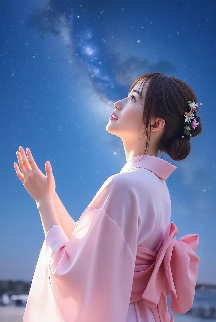 A young woman in a pink yukata looks up at the starry night sky with her hands raised.