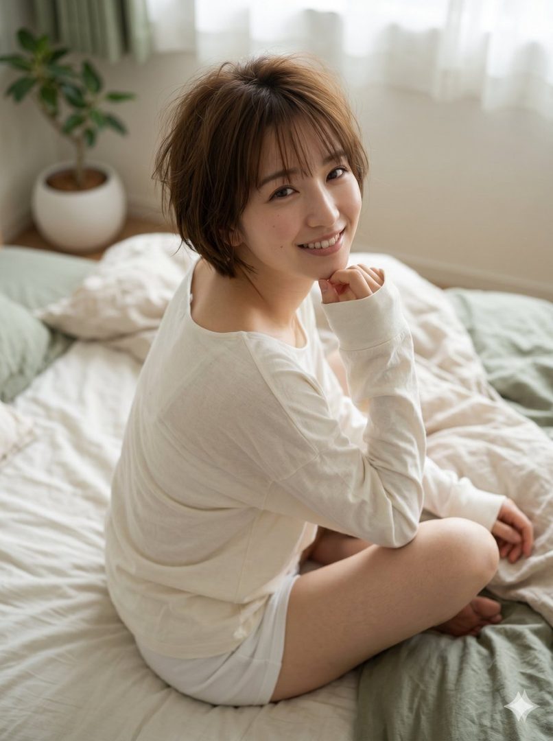 A young woman with short brown hair smiles gently while sitting on a bed in casual loungewear.
