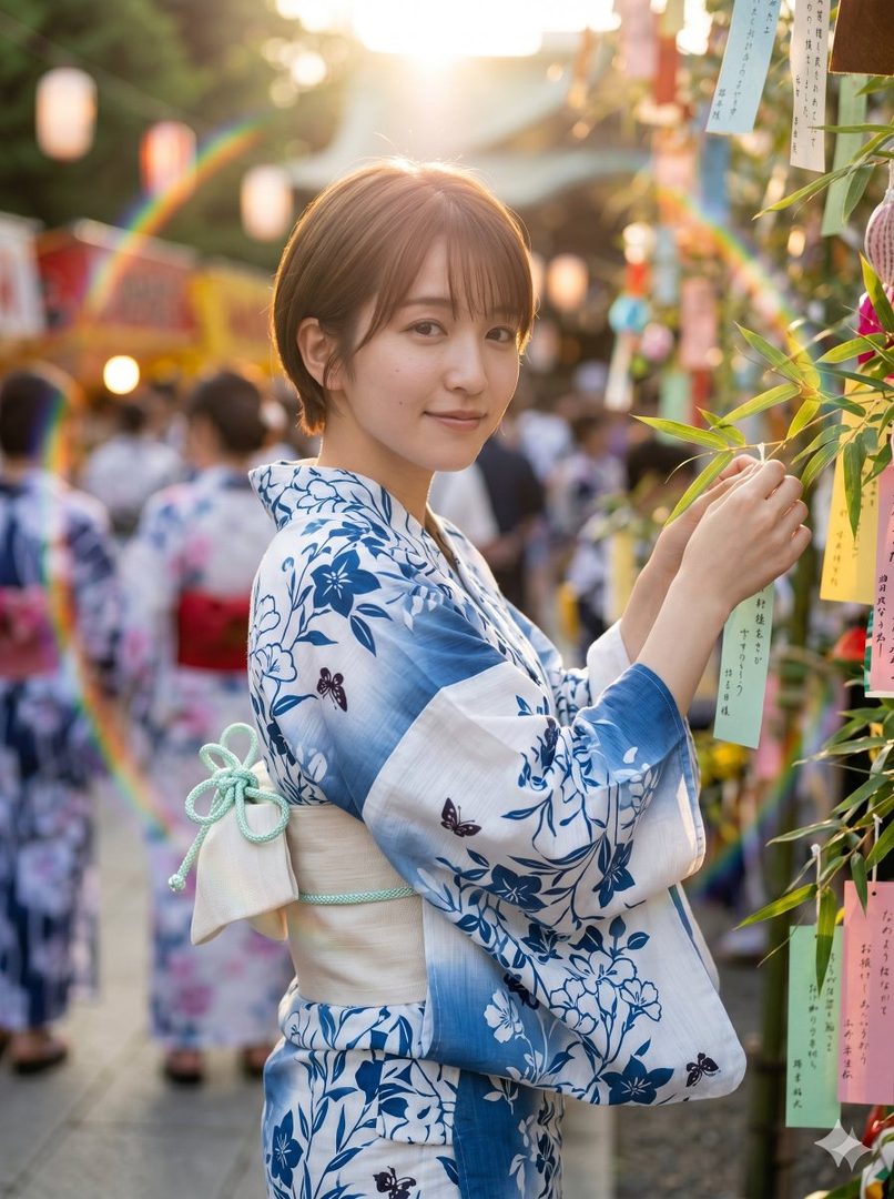 A young woman in a blue and white yukata smiles gently while touching a bamboo branch decorated with colorful tanzaku papers during a summer festival.