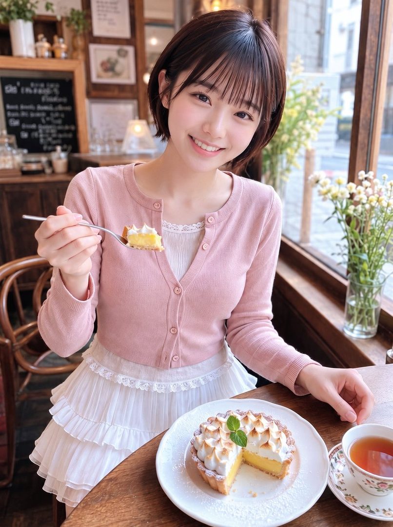 A young East Asian woman with short black hair and bangs, wearing a pink cardigan and white ruffled skirt, smiles while holding a fork with a piece of lemon tart, with a whole tart and tea on the table in a cafe.