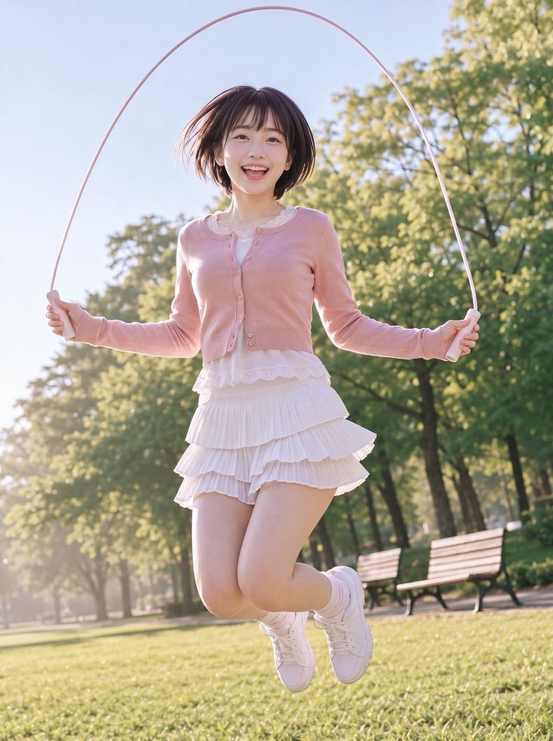 A young woman with short black hair is jumping rope in a park, wearing a pink cardigan and a white ruffled skirt.