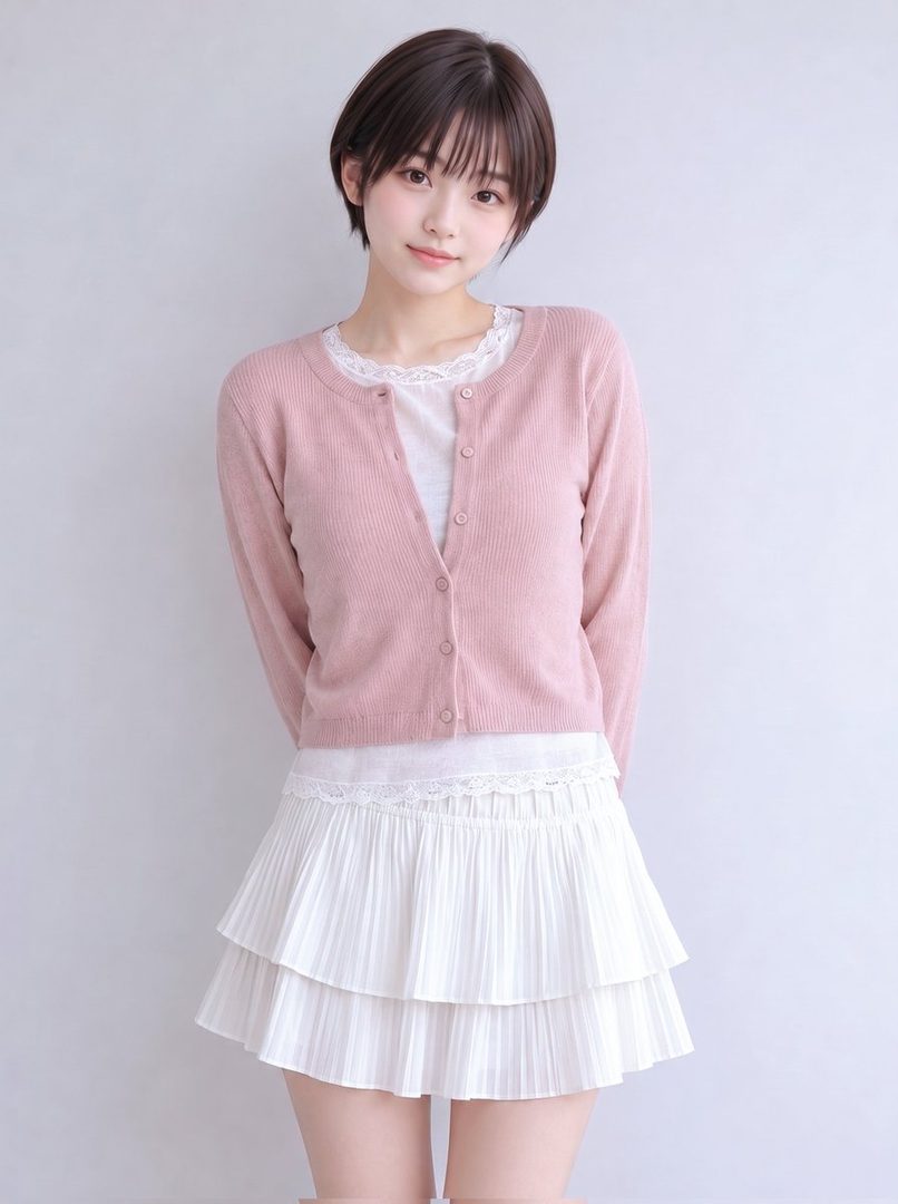 A young East Asian woman with short black hair and bangs, wearing a pink cardigan over a white top and a white tiered pleated skirt, posing indoors.