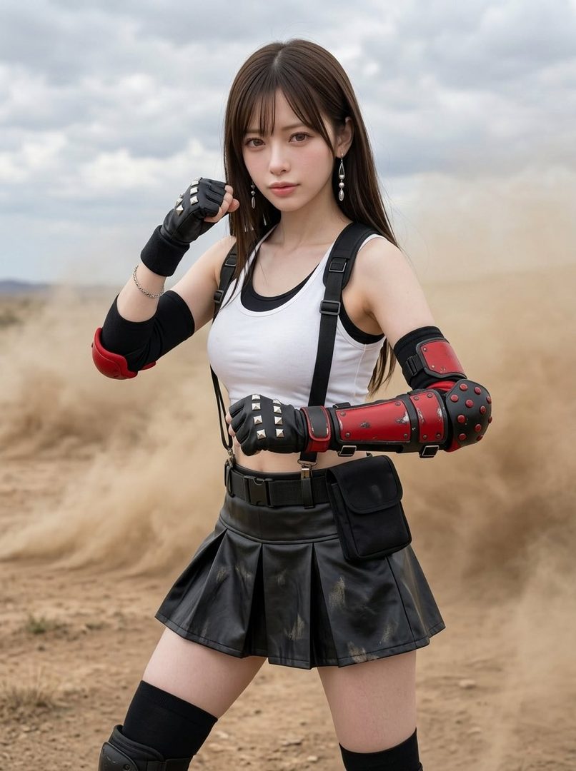 A woman cosplaying as Tifa Lockhart from Final Fantasy VII stands in a desert landscape, wearing her iconic white tank top, black pleated skirt, and combat gear.