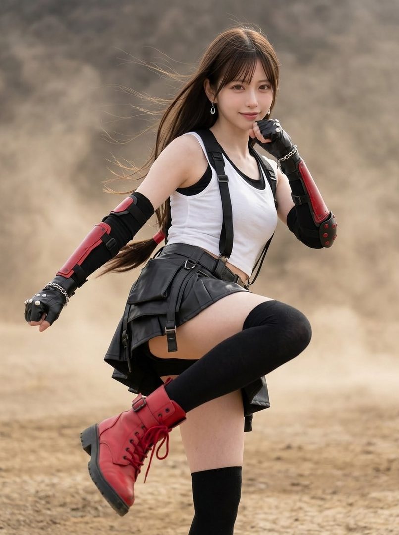 A woman cosplaying as Tifa Lockhart from Final Fantasy VII, wearing her iconic outfit with a white tank top, black mini skirt, and red boots, striking a dynamic pose outdoors.