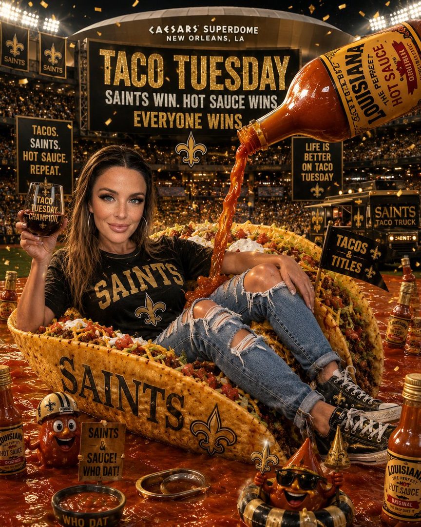 A woman sits in a giant taco filled with food, surrounded by hot sauce bottles and stadium imagery, promoting Taco Tuesday and the Saints.