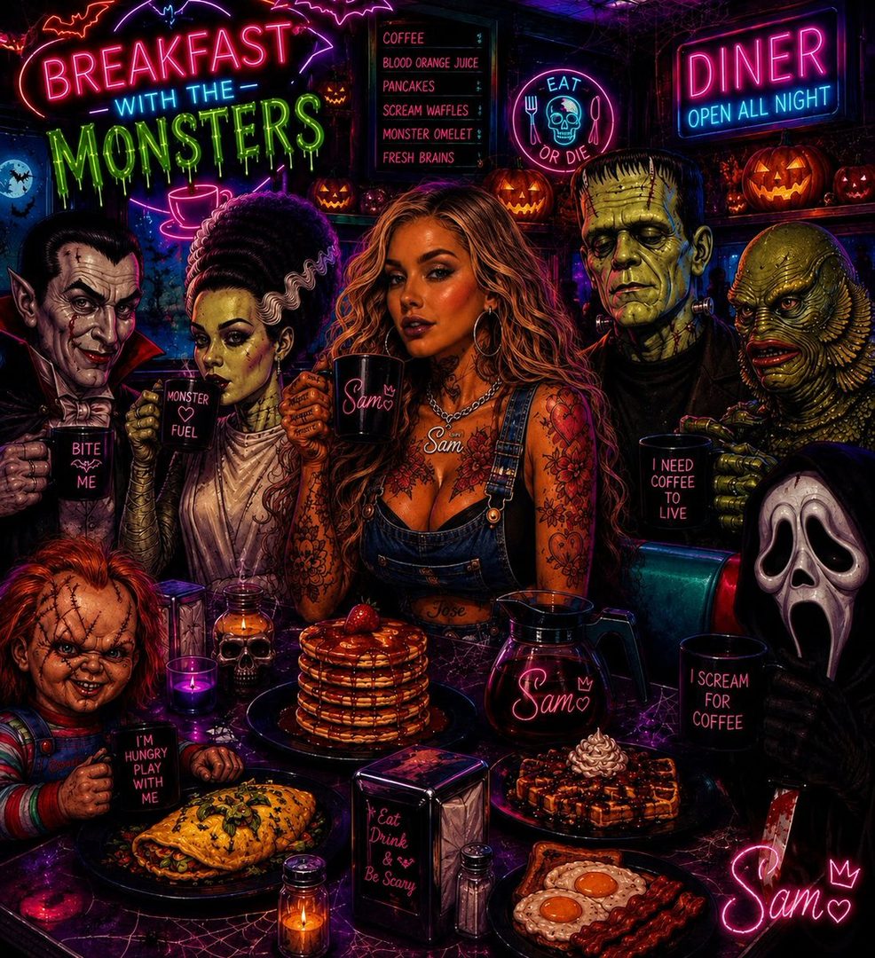 A group of classic horror movie monsters and a woman enjoying breakfast at a diner.