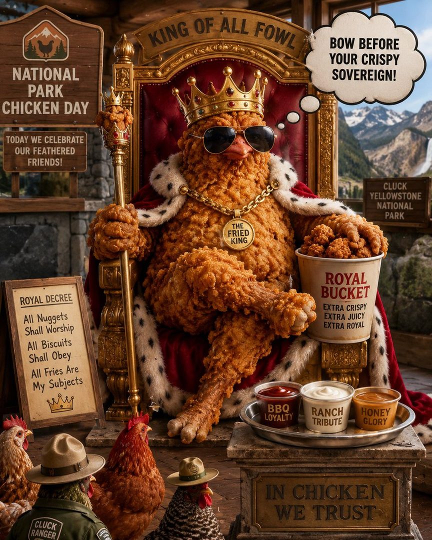A fried chicken character dressed as a king, sitting on a throne with a crown and scepter, holding a bucket of chicken and a staff, with a royal decree and sauces nearby.
