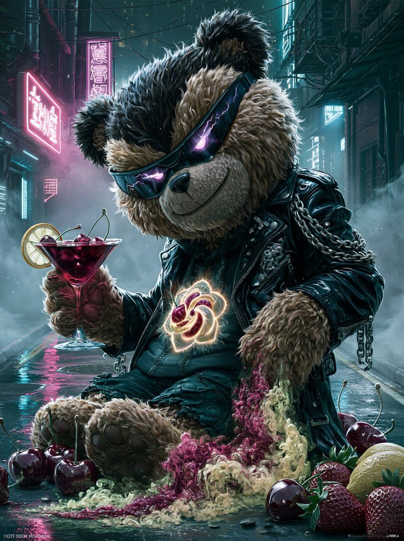 A teddy bear wearing sunglasses and a leather jacket, holding a cocktail in a neon-lit city street.