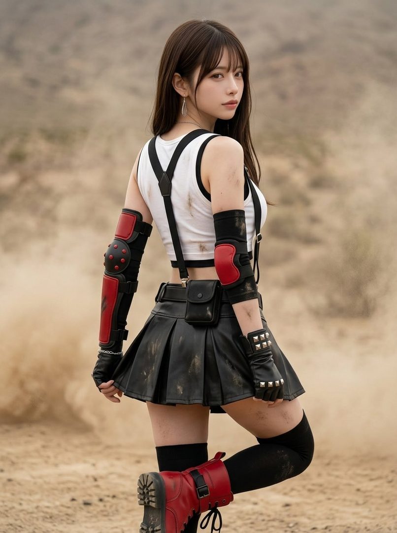 A woman cosplaying as Tifa Lockhart from Final Fantasy VII stands in a desert landscape, wearing her iconic white crop top, black pleated skirt, red boots, and arm guards.
