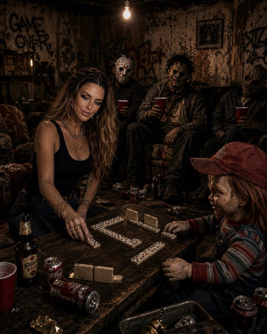 A woman plays dominoes with horror movie characters like Chucky, Jason Voorhees, and Leatherface in a dimly lit, graffiti-covered room.