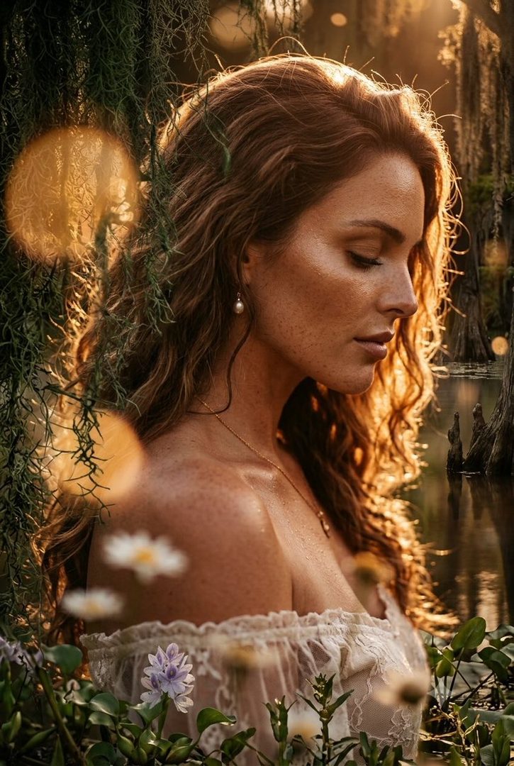 A woman with long, wavy brown hair and freckles, wearing an off-the-shoulder white blouse, poses in a swampy, natural setting during golden hour.