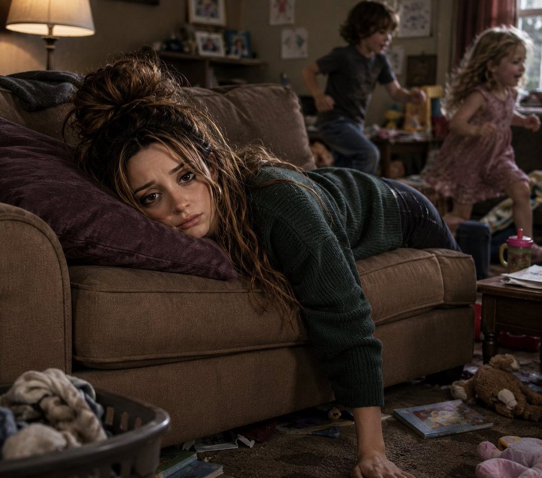A tired woman lies on a couch with her head on a pillow, while two children play energetically in the background.