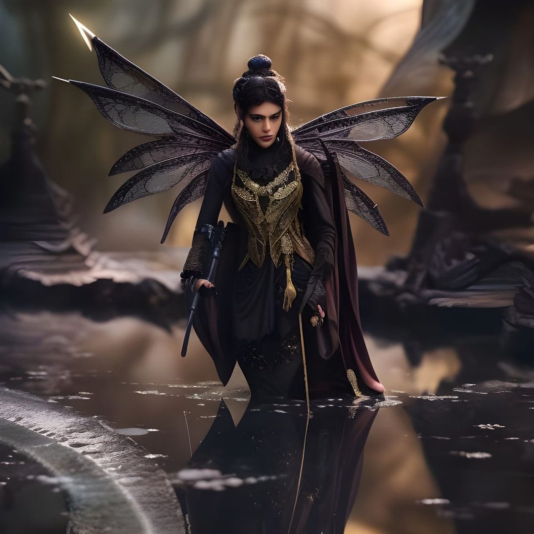 A dark fairy with intricate wings stands in shallow water, holding a staff and a sword.
