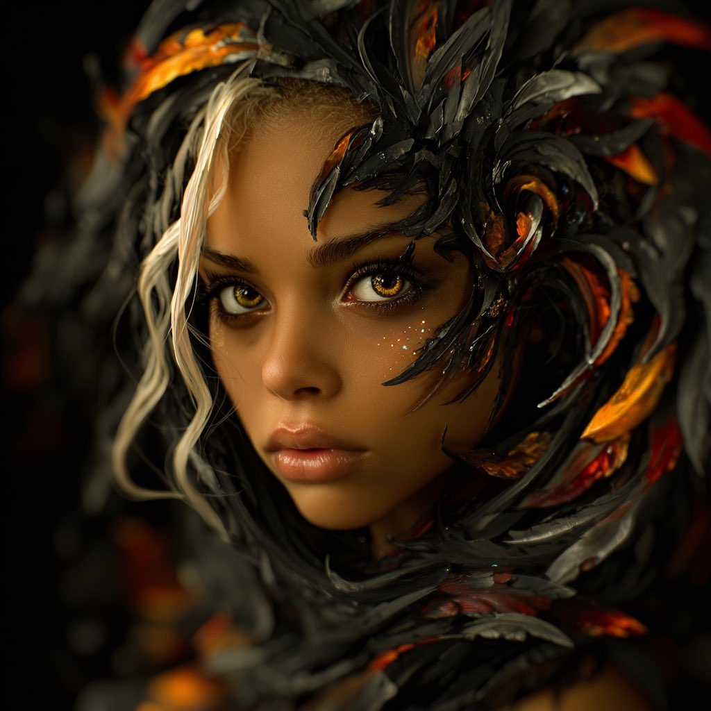 A striking AI-generated portrait of a young woman with striking golden eyes and elaborate dark feather-like headwear, with a single strand of blonde hair framing her face.