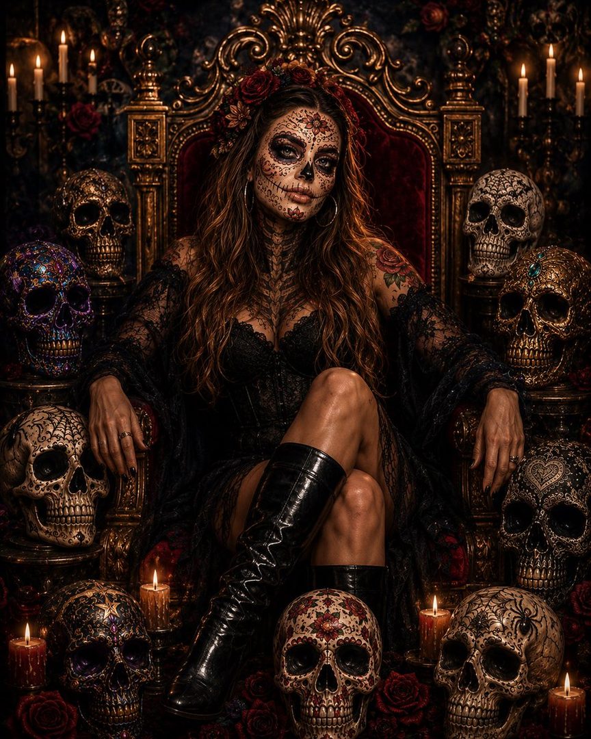 A woman with Day of the Dead sugar skull makeup sits on a throne surrounded by skulls and roses.