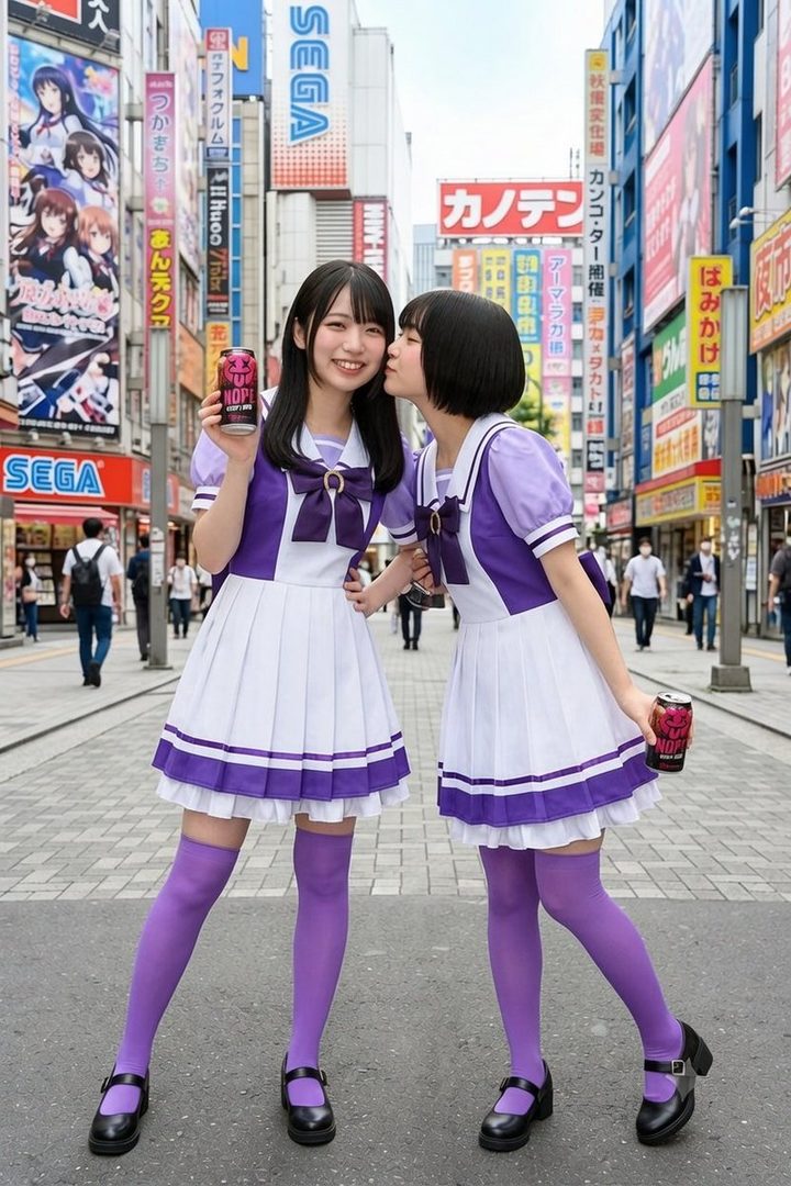 Two young women in matching purple and white school-style uniforms stand on a street in Akihabara, Tokyo, holding cans of a drink.