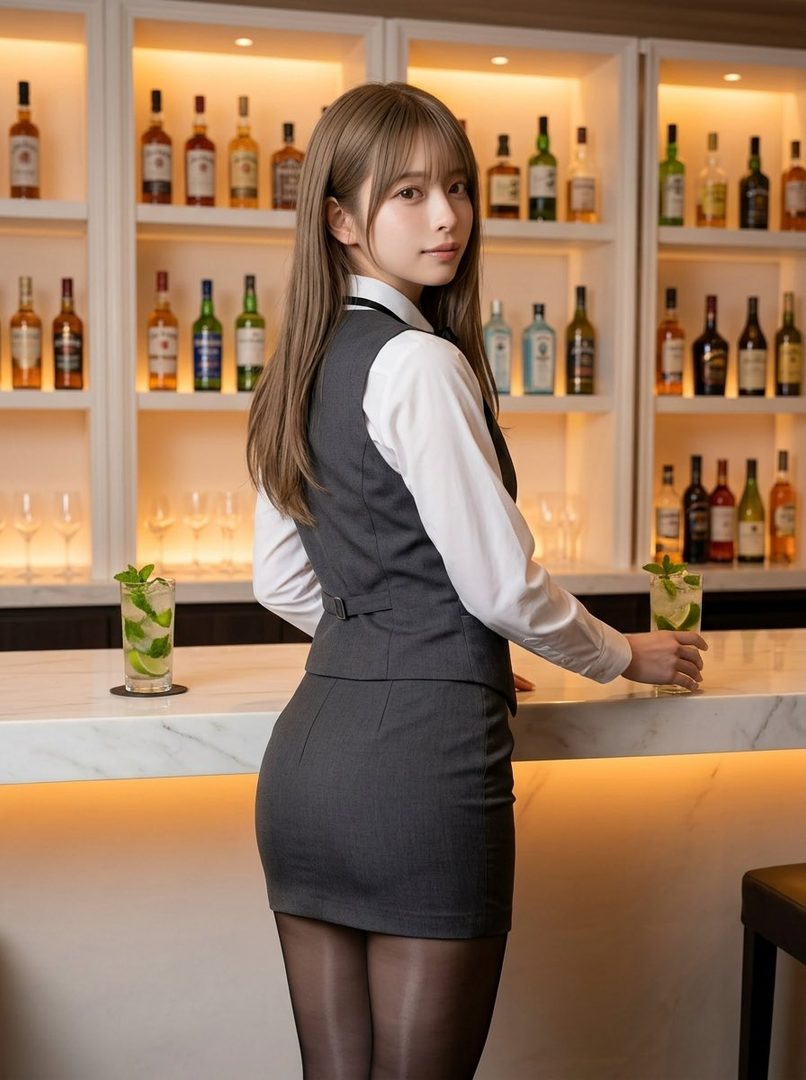 A young woman dressed as a bartender in a grey vest and mini skirt stands behind a bar with bottles on shelves, holding a mojito and looking over her shoulder.
