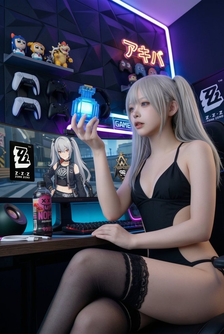 A young woman with silver hair in a black swimsuit and thigh-high stockings sits at a gaming desk, holding a glowing blue object.