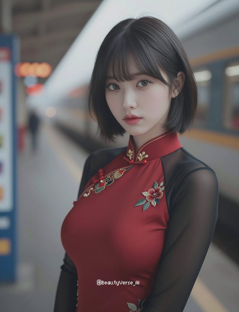 A young East Asian woman with short black hair and bangs, wearing a red qipao-style dress with sheer sleeves, posing at a train station.