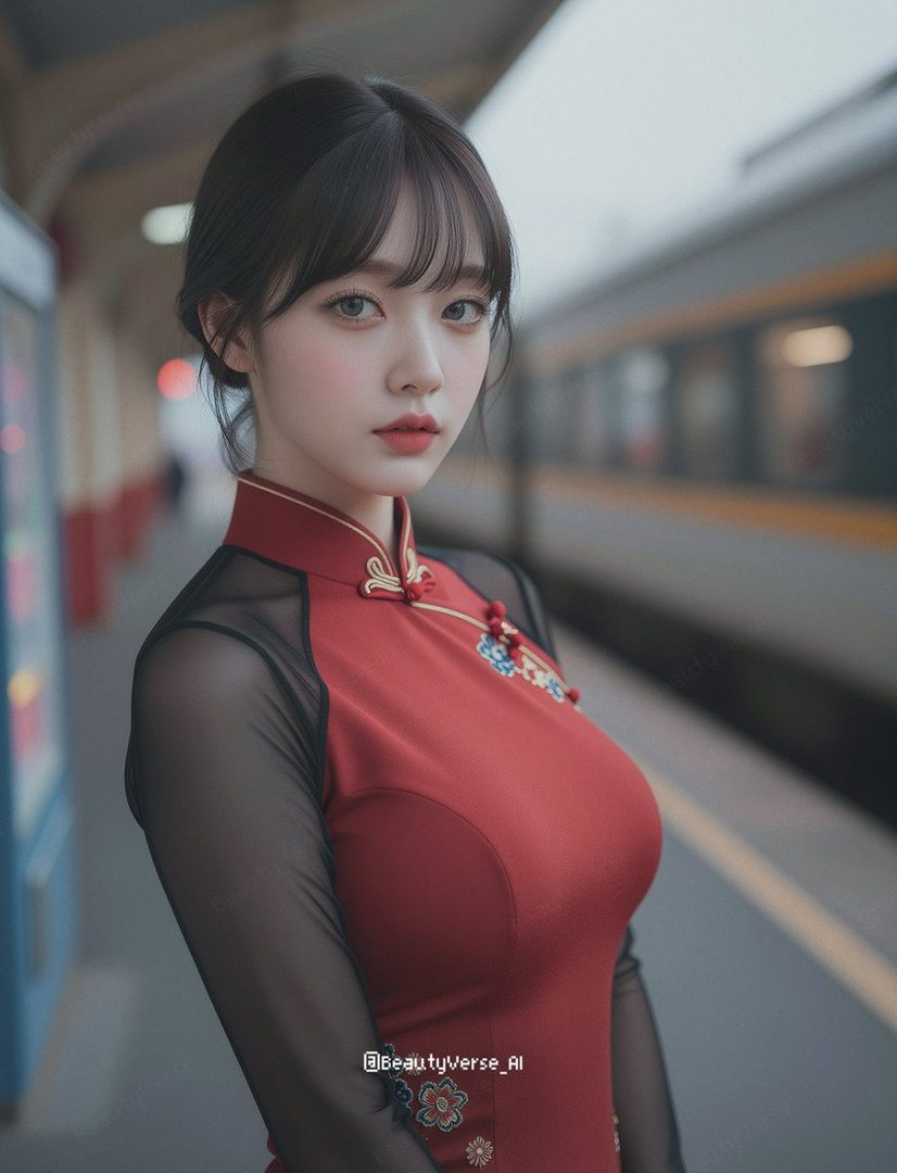 A young East Asian woman with dark hair, wearing a red traditional dress with sheer sleeves, stands on a train platform.