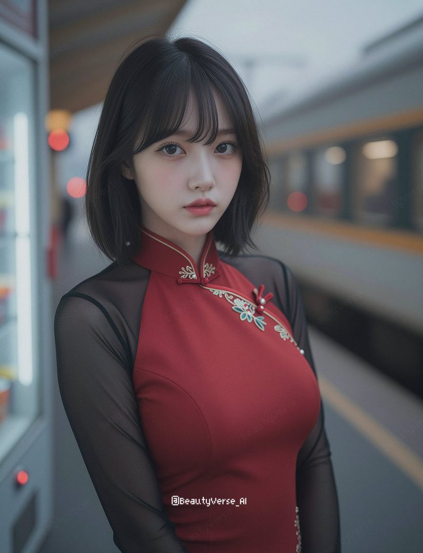 A young East Asian woman with short black hair and bangs, wearing a red dress with sheer black sleeves, stands on a train platform.