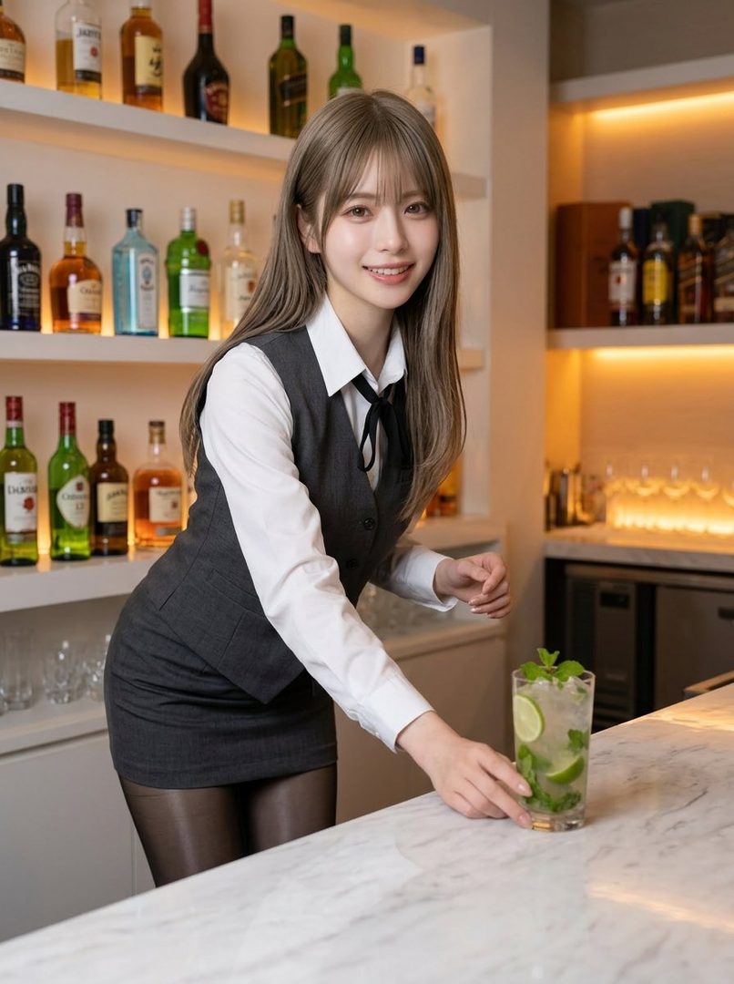A smiling woman with light brown hair, dressed in a bartender's uniform, serves a mojito at a well-lit bar.
