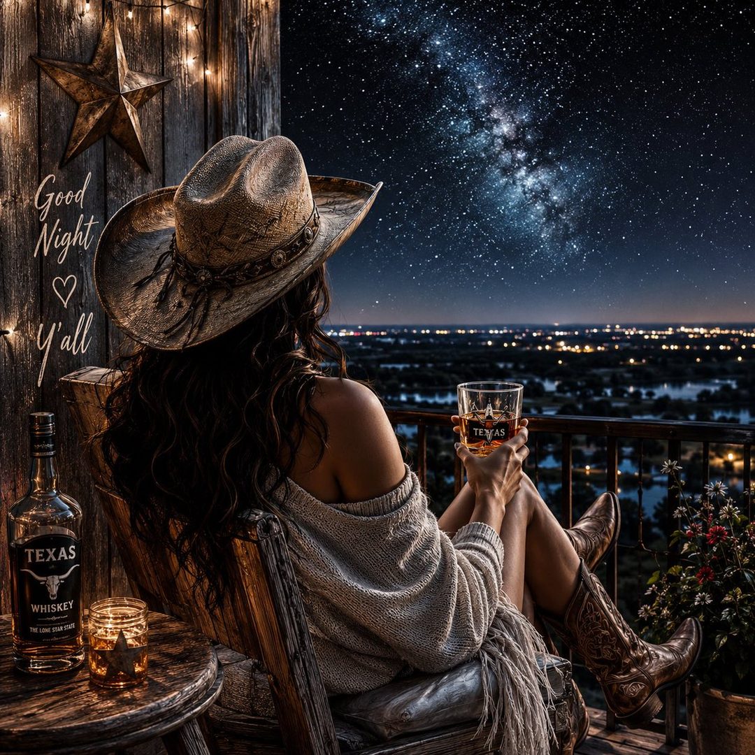 A woman in a cowboy hat sits on a chair on a balcony at night, holding a glass of whiskey and looking at the starry sky and city lights.