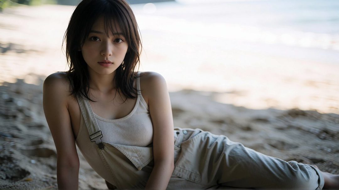 A young woman with dark hair lies on a sandy beach, wearing overalls and a tank top, looking towards the camera.